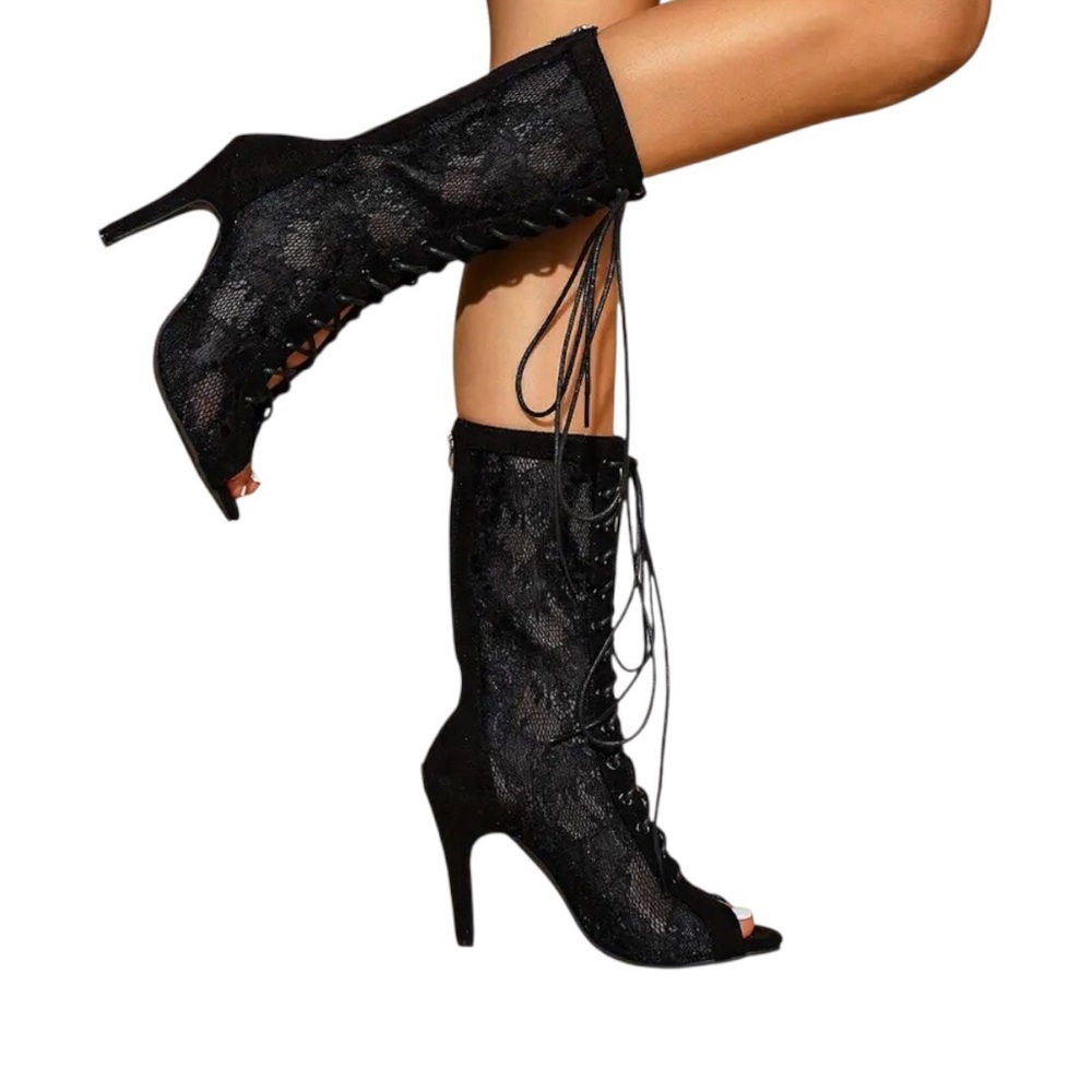 Mesh Cutout Lace-Up Peep Toe High Heel Ankle Boots Summer 2026, Women Shoes Size
